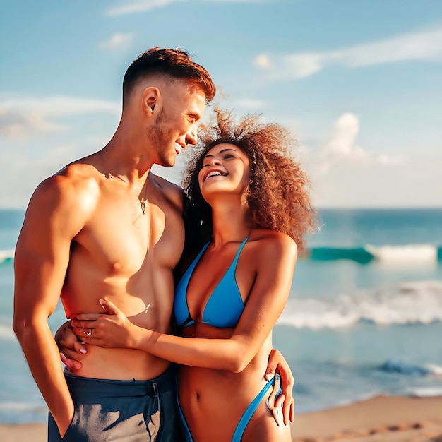 Une jolie jeune fille en bikini avec son jeune petit ami intelligent pose romantiquement.