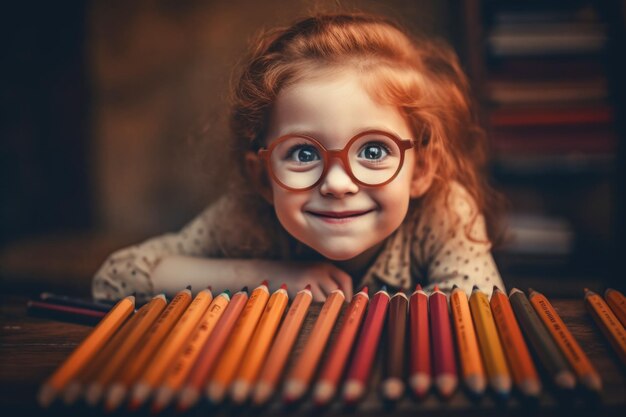 Une jolie jeune fille européenne avec un crayon de couleur au bureau Concept d'éducation scolaire IA générative