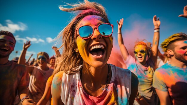 Jolie jeune fille indienne intelligente avec un visage coloré avec du gulal pour le festival des couleurs Holi soufflant de la poudre de couleur holi, un festival hindou populaire célébré dans toute l'Inde