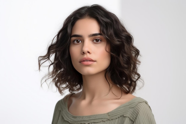 Jolie jeune fille avec une peau saine boucles de cheveux bruns soyeux beauté féminine naturelle IA générative