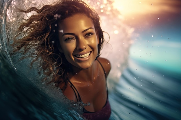 Une jolie jeune mannequin nageant sous l'eau.