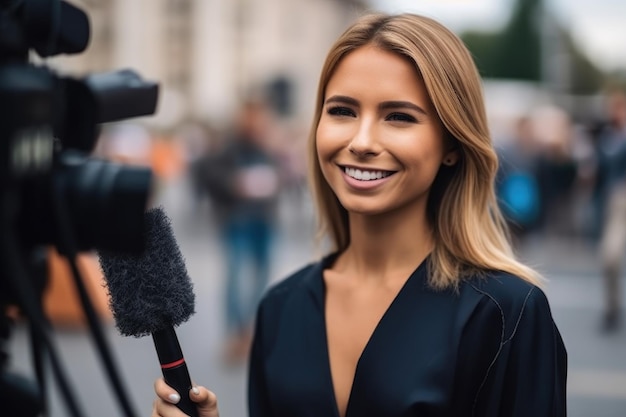 Une jolie journaliste de télévision tenant un micro et souriant à son public.