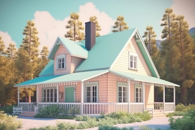 Jolie maison de campagne dans les bois avec une couleur pastel générée par l'IA