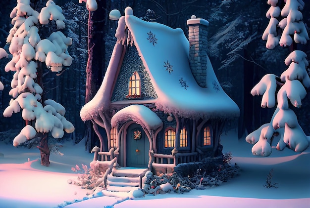 Jolie maison dans la forêt au clair de lune d'hiver Petite maison en bois sous la neige paysage d'hiver illustration numérique Generative AI