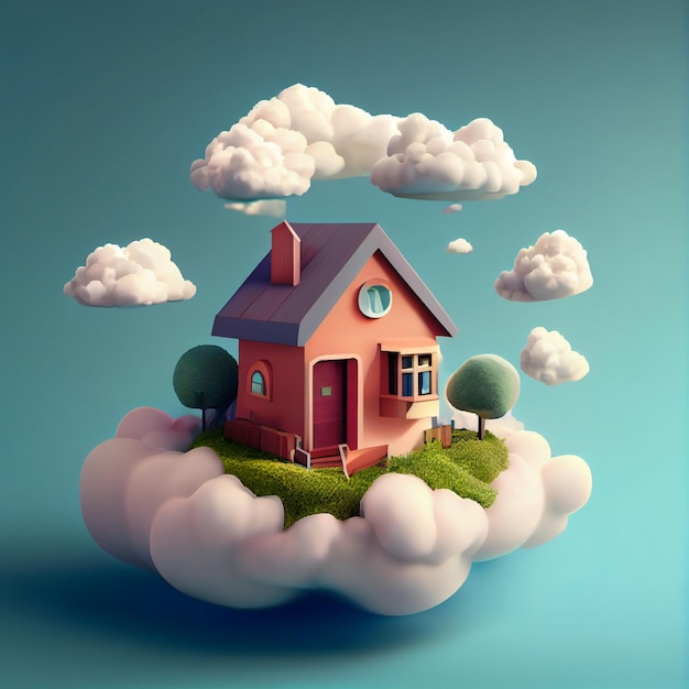 Jolie maison dans les nuages maison de rêve illustration de rendu 3d