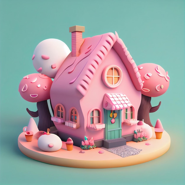 Jolie maison kawaii illustration de rendu 3d dans des couleurs pastel