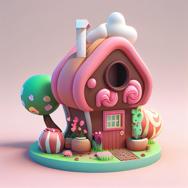 Jolie maison kawaii illustration de rendu 3d dans des couleurs pastel