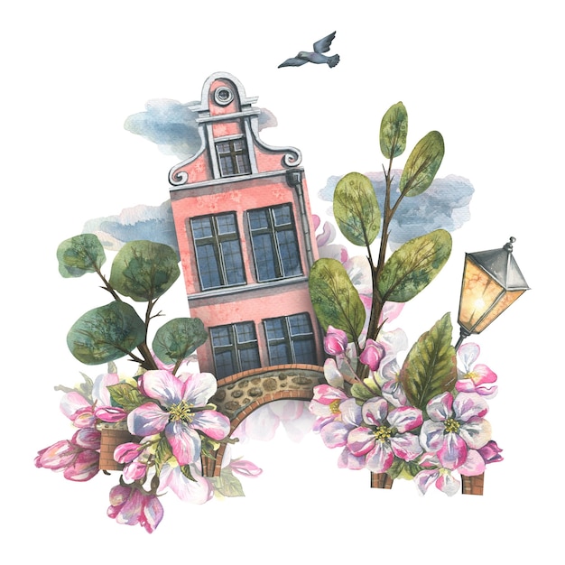 Une jolie maison rose avec des arbres un pont une lanterne un pigeon des nuages et des fleurs de pommier Illustration aquarelle Composition printanière de la collection MAISONS EUROPÉENNES Pour le design