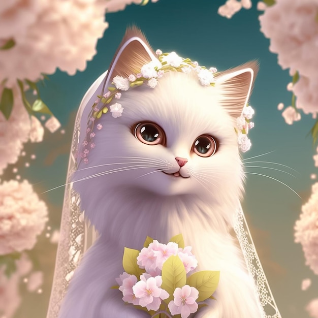 Jolie mariée chat dans une jolie tenue florale générée par l'IA