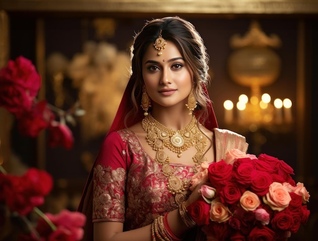 La jolie mariée indienne tenant un bouquet de fleurs ou un bouquet porte un sari rouge et des bijoux