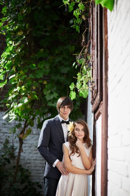 Jolie mariée et le marié debout près de l'autre au parc, photo de mariage, jour de mariage, portrait.