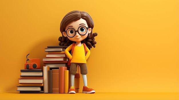 Une jolie modélisation 3D d'une fille et d'une pile de livres.