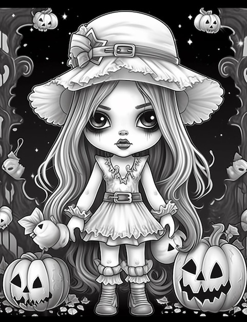 jolie page de coloriage d'Halloween fille sorcière animaux et navires