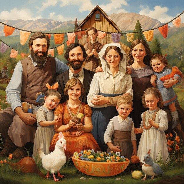 une jolie peinture d'une famille à Pâques avec des poulets