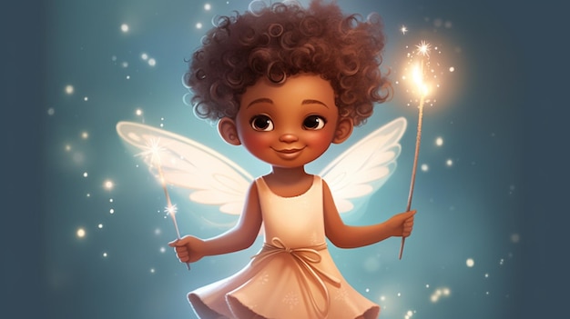 Jolie petite fée afro-américaine avec des ailes d'ange et une baguette magique Illustration de livre pour enfants