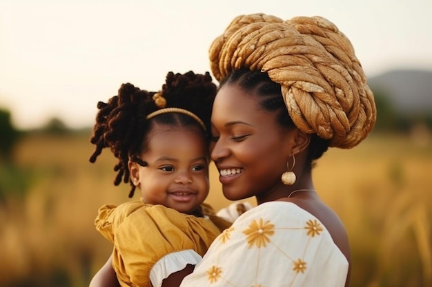 jolie petite fille africaine tenue par sa mère avec des tresses coiffure à l'extérieur dans le parc