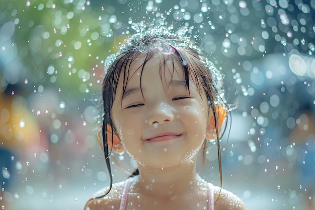Une jolie petite fille asiatique appréciant la pluie dehors dans le champ avec un grand espace pour le texte ou la publicité du produit IA générative