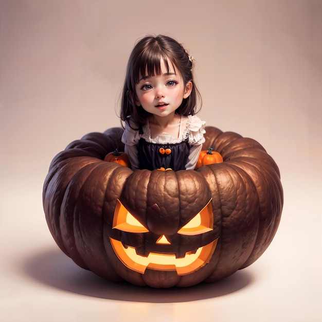 Jolie petite fille assise dans une citrouille d'Halloween