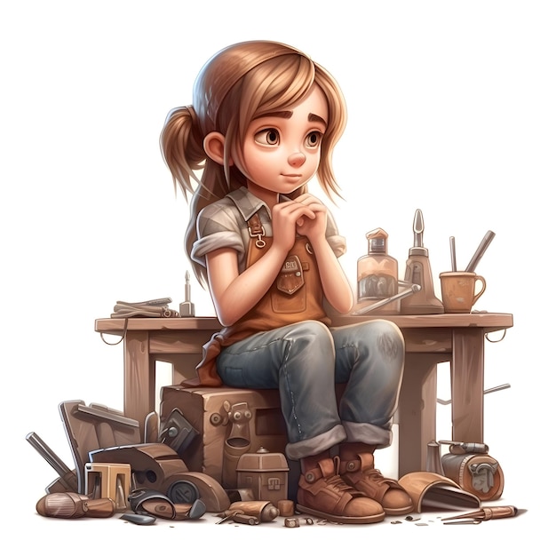 Jolie petite fille assise sur une table avec beaucoup d'outils