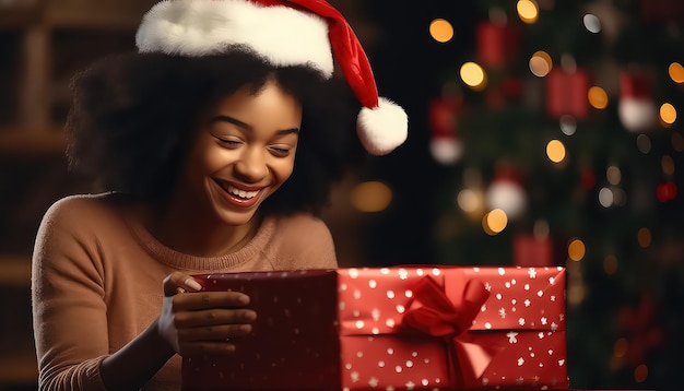 jolie petite fille aux cheveux afro bouclés tenant sa boîte-cadeau près de l'arbre de Noël le soir