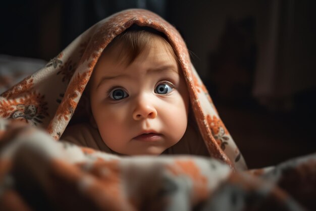 Jolie petite fille aux yeux bleus dans une couverture blanche Generative AI