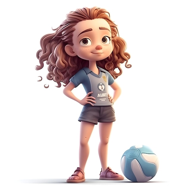 Jolie petite fille avec un ballon de football rendu 3D