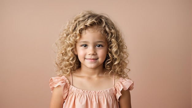 Photo une jolie petite fille bouclée dans une robe couleur pêche