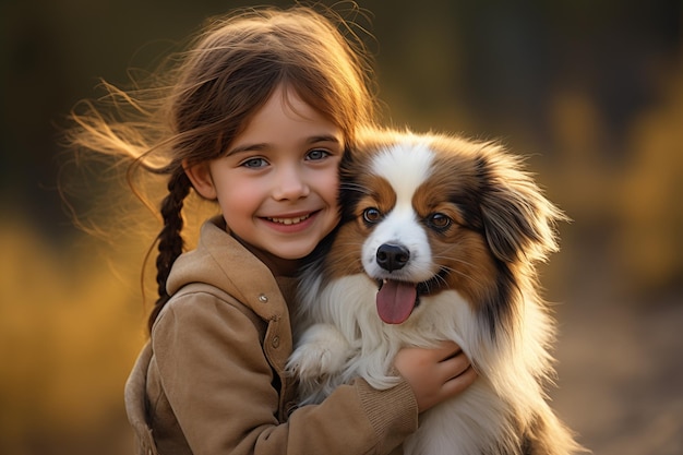 Une jolie petite fille caucasienne à l'extérieur avec un chien.