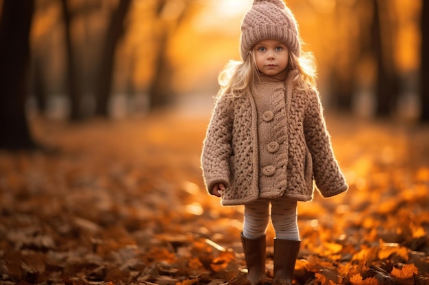 Une jolie petite fille avec un chapeau d'automne et un cardigan posant avec des feuilles dans le parc Copy sp Generative AI