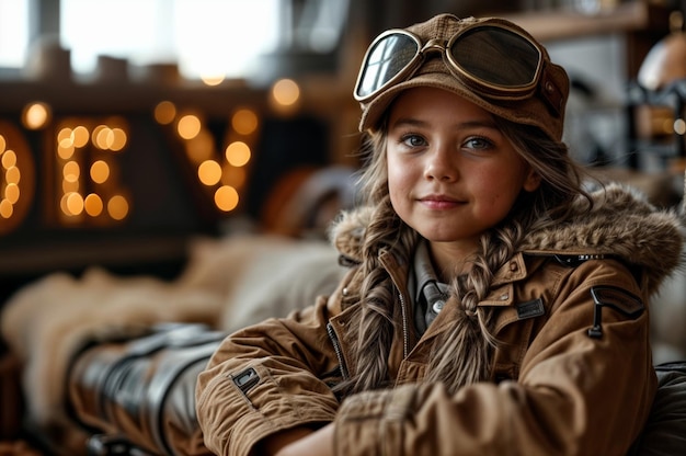 Une jolie petite fille avec un chapeau de pilote et une veste khaki