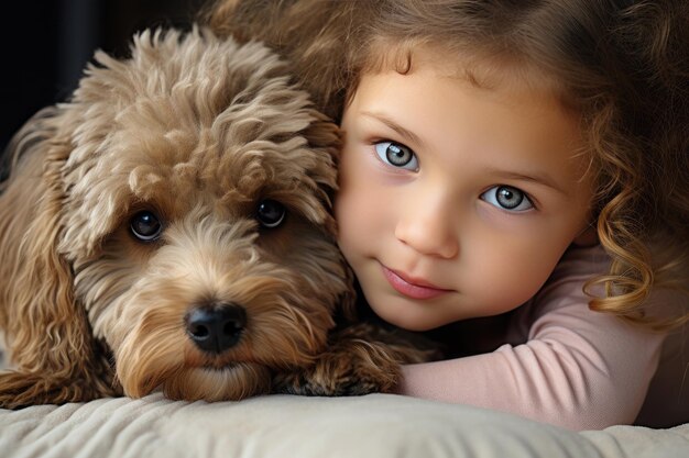 Une jolie petite fille avec un chien sur le lit à la maison de près