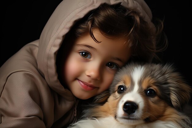 Une jolie petite fille avec un chien en manteau sur fond noir en gros plan