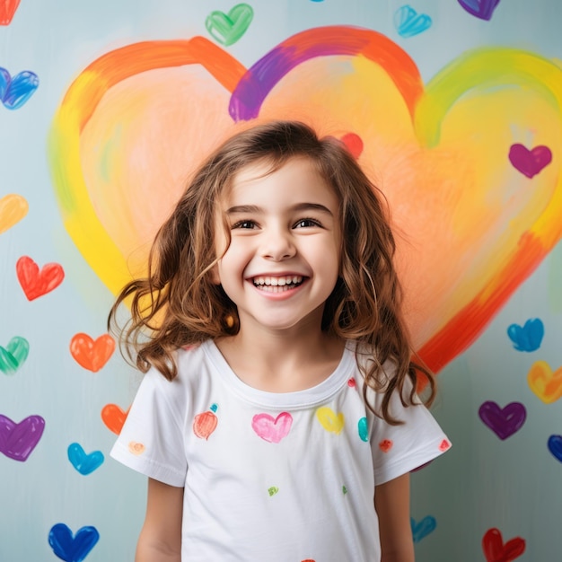 jolie petite fille avec des coeurs peints souriant et regardant la caméra