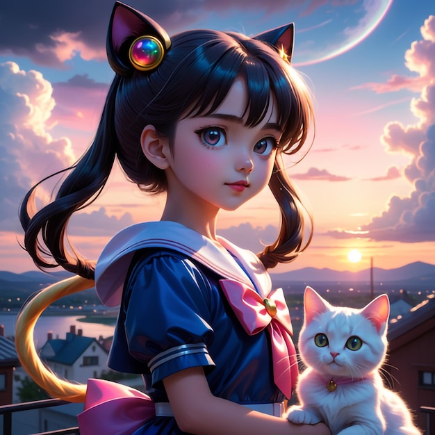 Une jolie petite fille avec un costume de marin de lune debout avec son chat