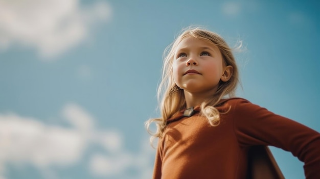 Une jolie petite fille en costume de super-héros debout sur le fond bleu du ciel Girl power rêvant du futur