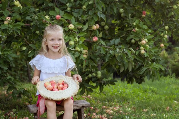 Jolie petite fille cueille des pommes dans le jardin Concept de récolte L'enfant cueille des pommes à la ferme