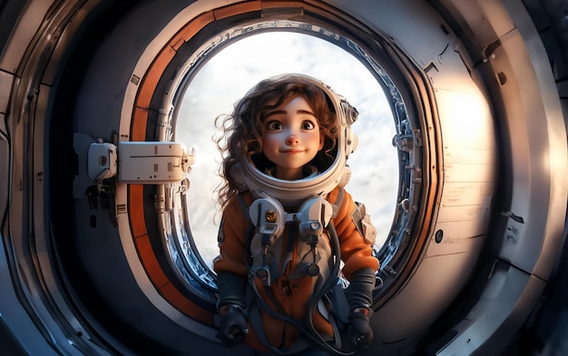Une jolie petite fille dans la combinaison spatiale à l'intérieur d'une fusée spatiale une jolie petite jeune fille