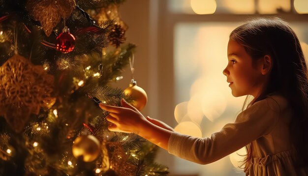 jolie petite fille décorant l'arbre de Noël le soir avec une guirlande et des boules