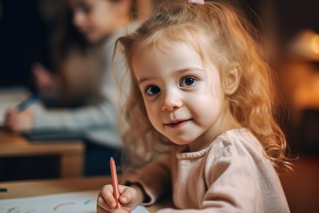 Jolie petite fille dessinant avec des crayons assis à table dans la salle de classe Generative AI