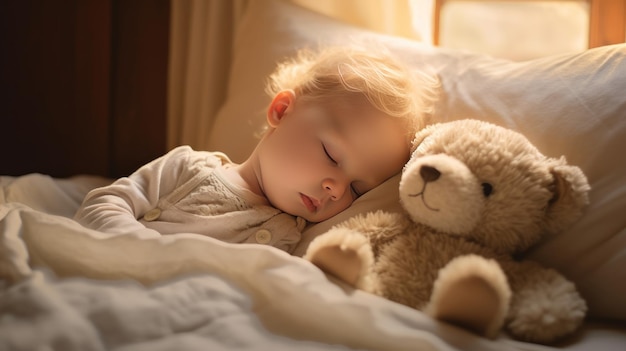 Une jolie petite fille dort dans un lit avec un ours en peluche.