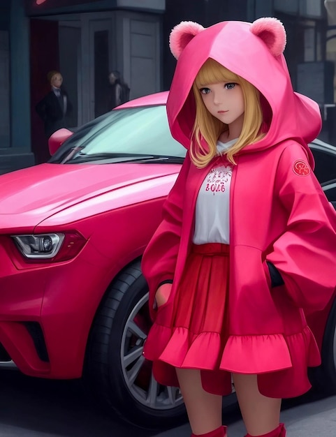 Jolie petite fille avec du rose comme voiture rouge