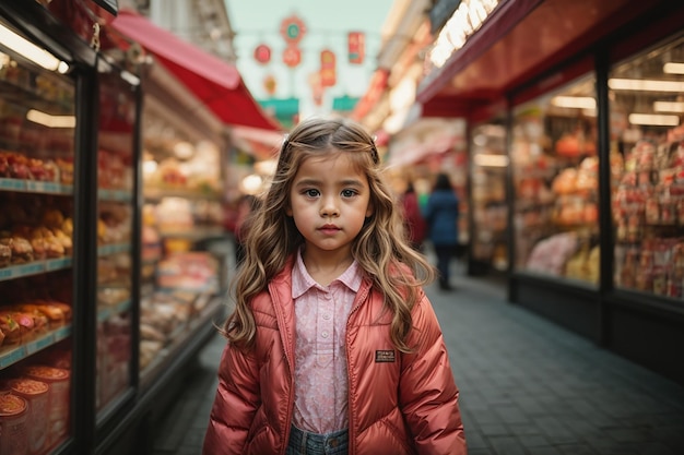 jolie petite fille faisant du shopping en plein air