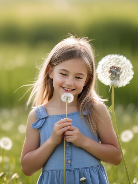 une jolie petite fille avec une fleur de pissenlit dans la main