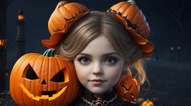 Jolie petite fille d'Halloween citrouille avec une tête de citrouille pour Halloween