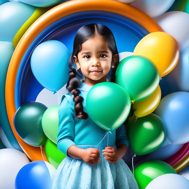 Une jolie petite fille indienne est entourée de ballons