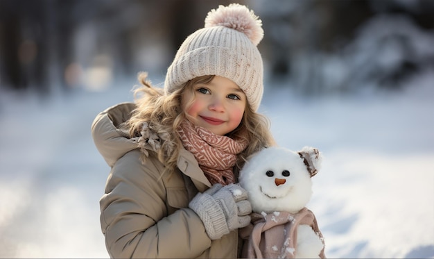 Une jolie petite fille jouant avec un bonhomme de neige pendant le froid et la chute de la neige vacances d'hiver