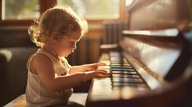 Photo une jolie petite fille jouant du piano avec la lumière naturelle du soleil en arrière-plan