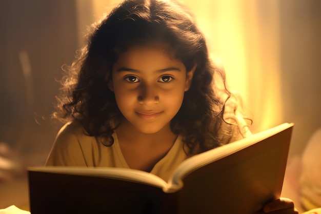 Jolie petite fille lisant un livre avec des histoires au coucher