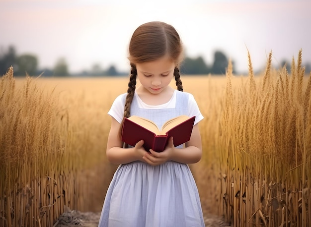 Jolie petite fille lisant un livre de la Sainte Bible à la campagne