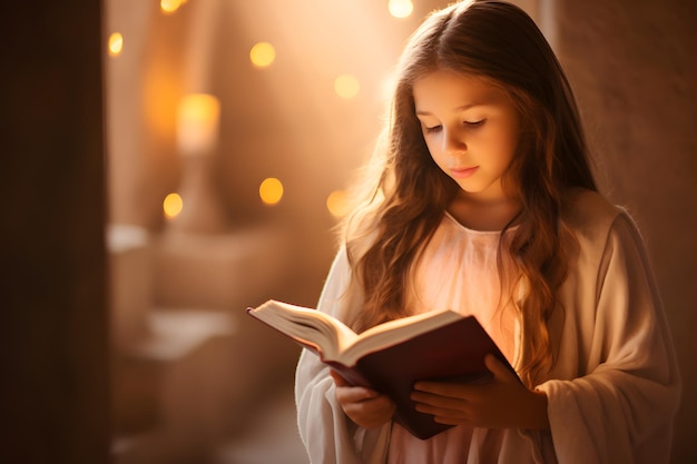 Photo jolie petite fille lisant le livre de la sainte bible culte à l'église